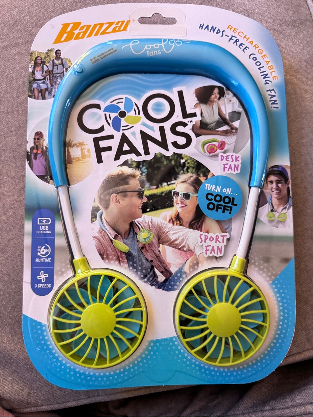 Banzai Cool Fans Rechargeable Hands-Free Neck Fan - Blue & Lime